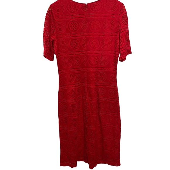 Sharagano Vibrant Red Lace Short Sleeve Midi Dress Size 6 - Picture 7 of 13